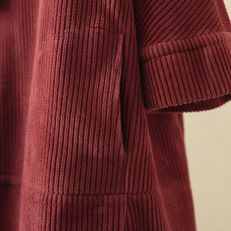 Close-up of red dress sleeve showing textured knit fabric, stitching, and soft material detail.