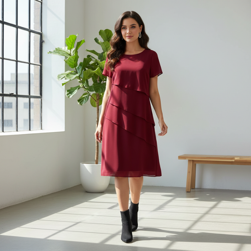 Woman wearing a burgundy dress in a bright room with a plant and bench.