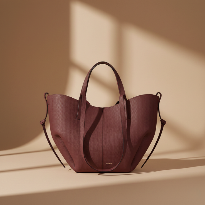 Side view of a structured leather tote bag with sturdy handles and minimal design.