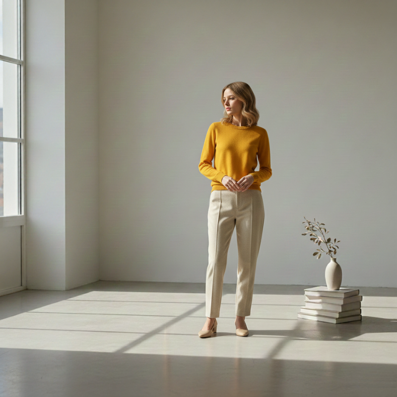 Woman standing in a softly lit room wearing a mustard yellow knit sweater, creating a warm lifestyle fashion look.