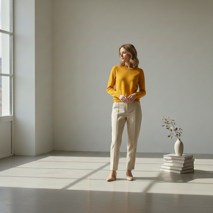 Woman standing in a softly lit room wearing a mustard yellow knit sweater, creating a warm lifestyle fashion look.