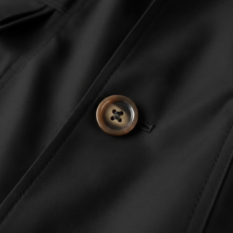 Close-up of a tailored coat showing button detail, smooth fabric texture, and stitching.