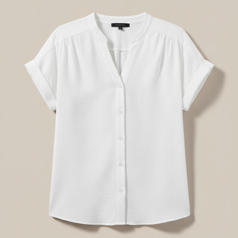 Flatlay of a white short-sleeve V-neck blouse with soft drape and minimal design displayed on a neutral background.