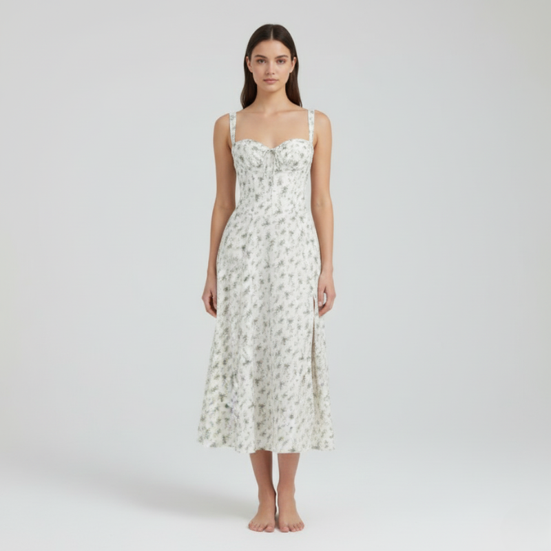 Woman wearing a floral dress on a white background