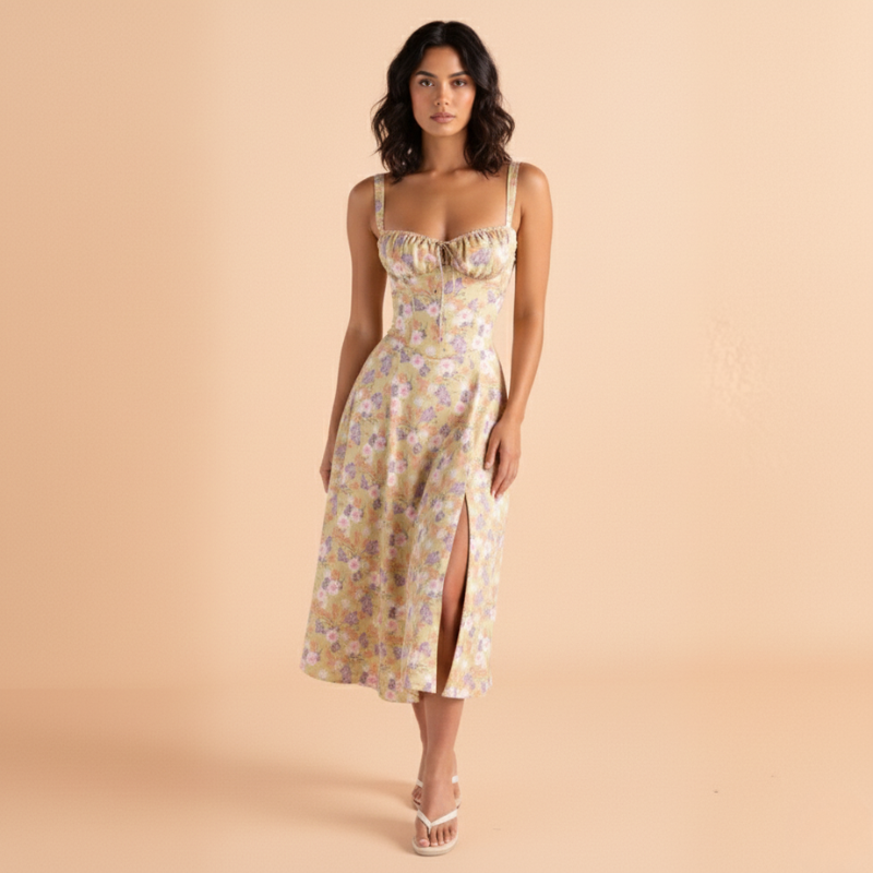 Woman wearing a floral dress on a beige background