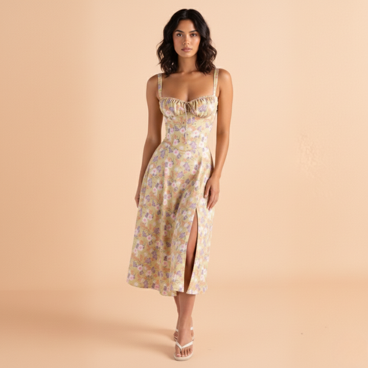 Woman wearing a floral dress on a beige background