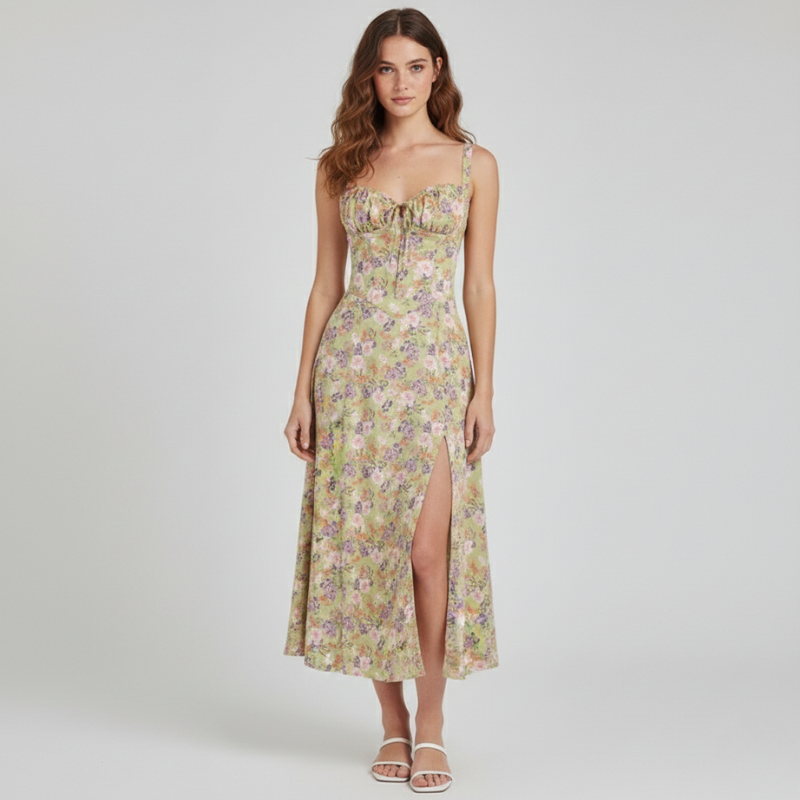 Woman wearing a floral dress on a light gray background