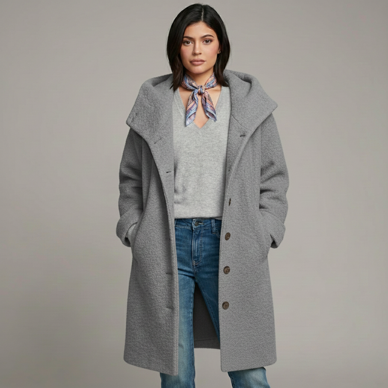 Woman wearing a gray coat over a light gray sweater and blue jeans on a plain background