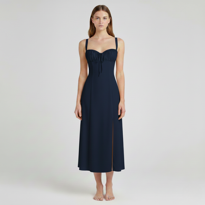 Woman wearing a navy blue dress on a white background