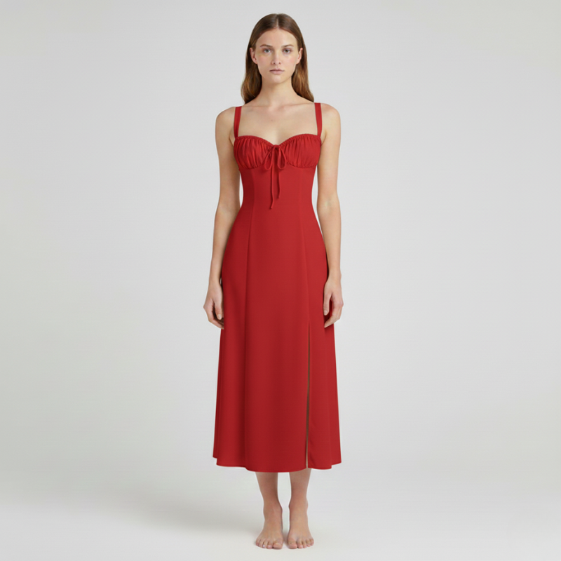 Woman wearing a red dress on a white background