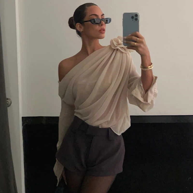 Women’s Asymmetrical T-Shirt – Floral Appliqué, Summer Style