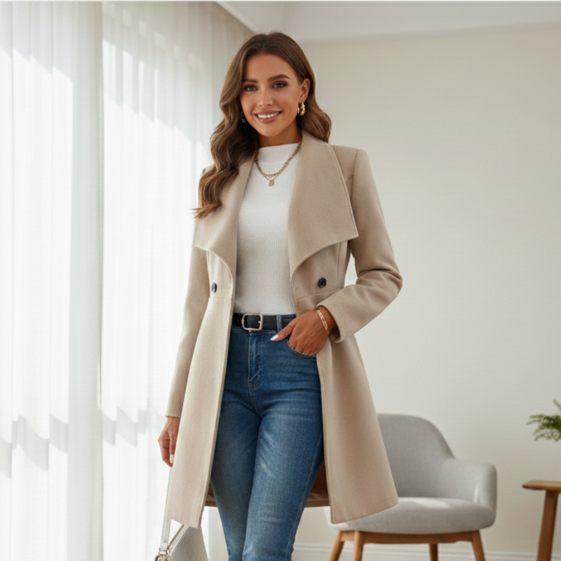 Woman wearing a beige coat and blue jeans indoors