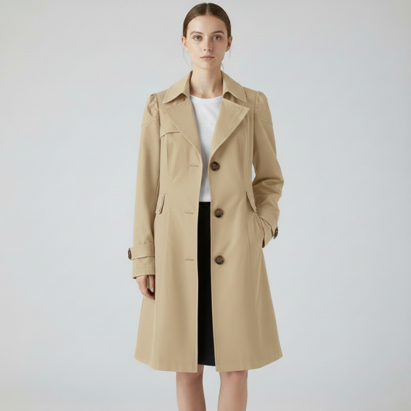 Model wearing a beige tailored long coat with a classic silhouette in a studio setting.