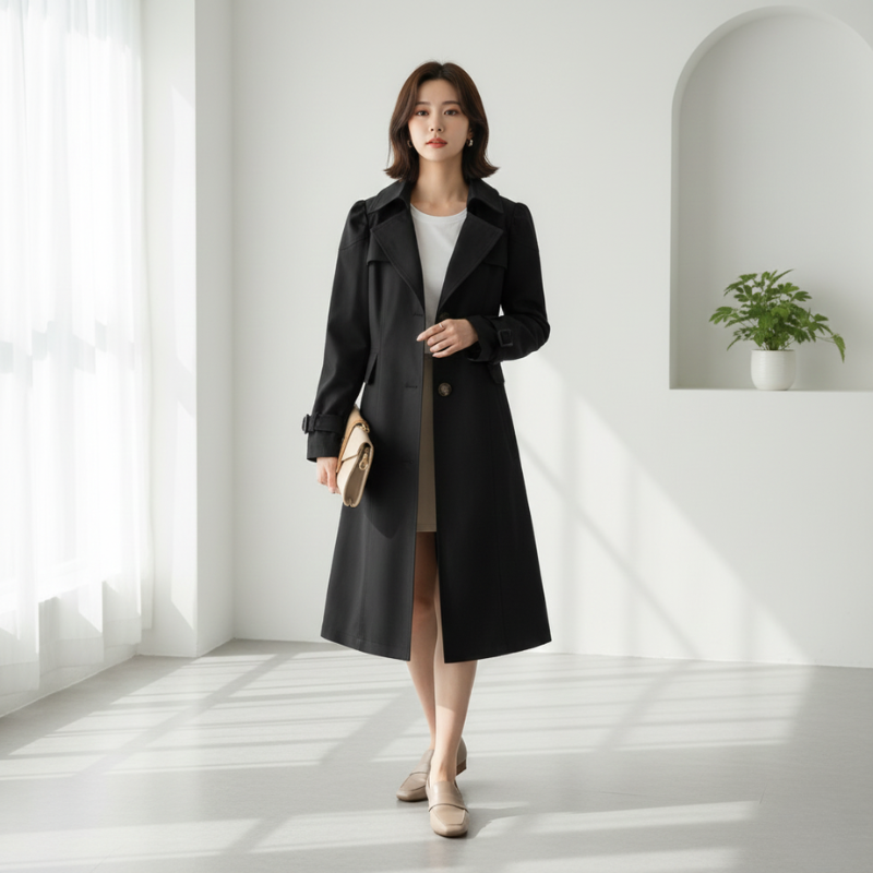 Woman standing indoors wearing a black tailored coat paired with jeans and boots.