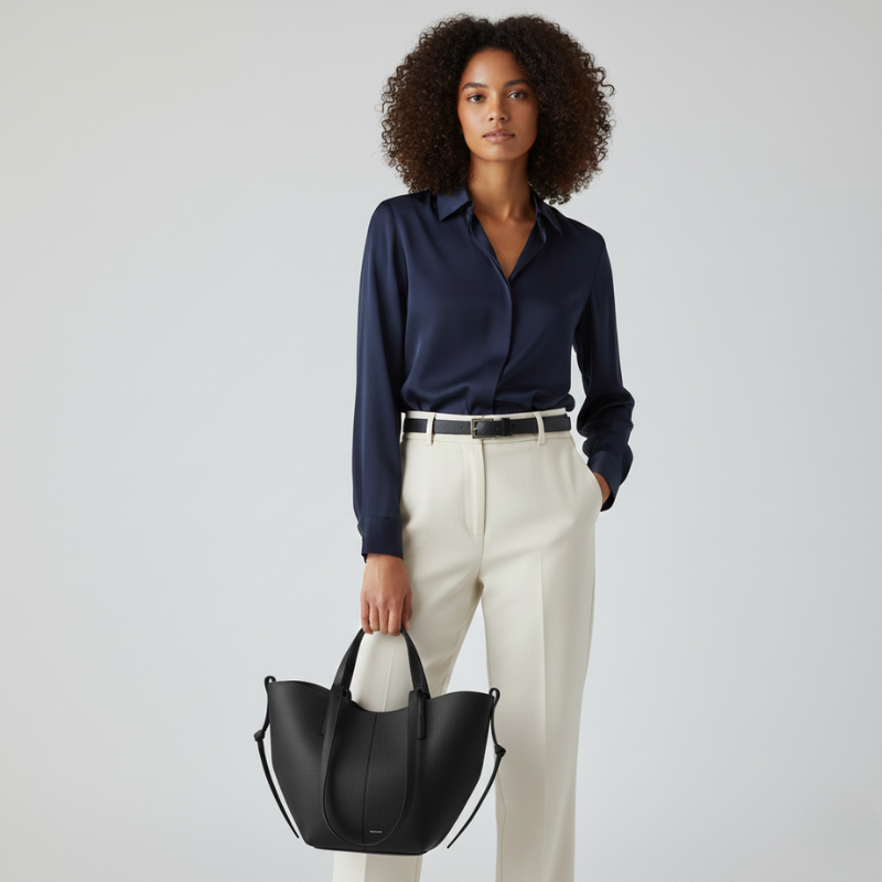 Female model carrying a black leather tote bag styled with a blue top and light pants.