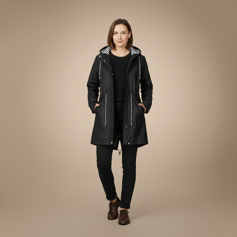 Woman modeling a long black winter coat with leggings in a minimalist room.