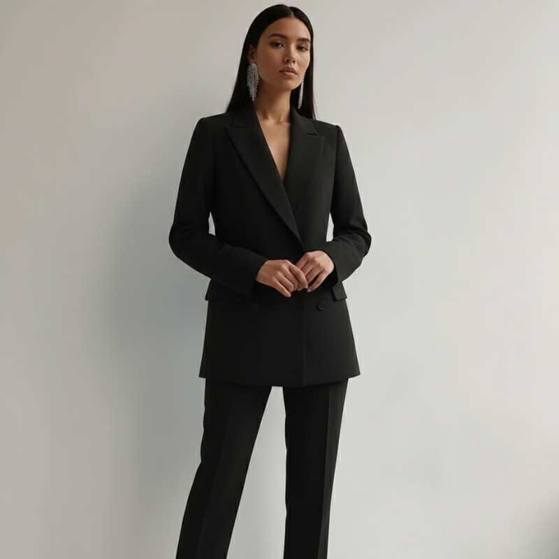 Model wearing a classic black pantsuit with a tailored blazer and straight-leg trousers in a studio.