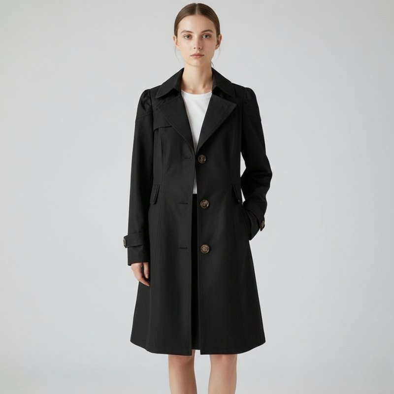 Woman wearing a black tailored long coat with a structured fit in a studio setting.