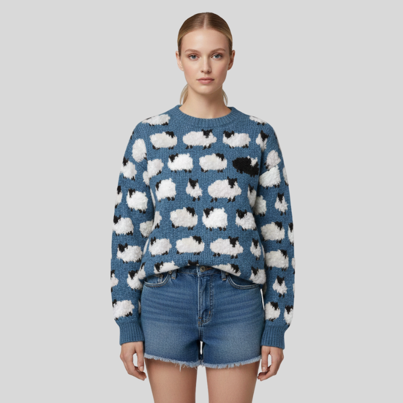 Female model in a blue knit sweater featuring white cloud motifs, paired with denim shorts.