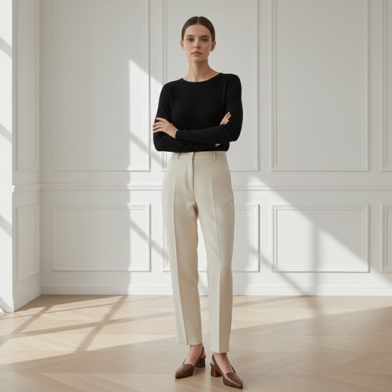 Woman standing indoors wearing brown woven slingback heels with a black top and trousers.