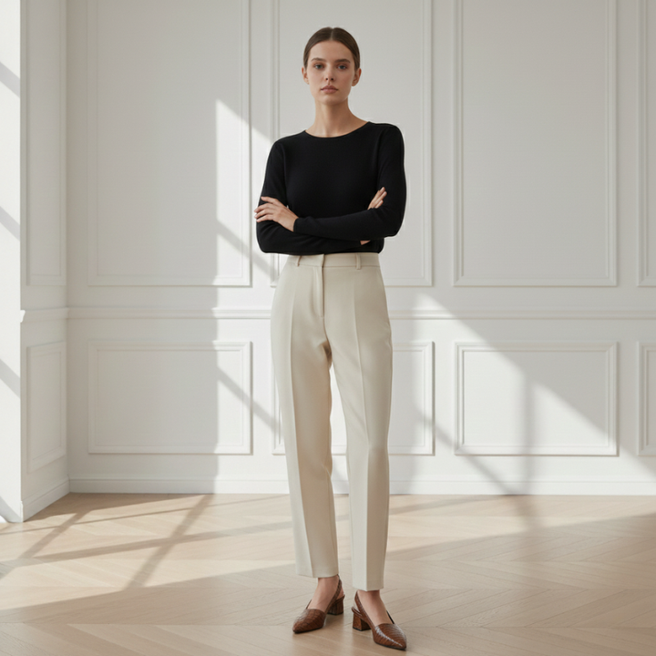 Woman standing indoors wearing brown woven slingback heels with a black top and trousers.