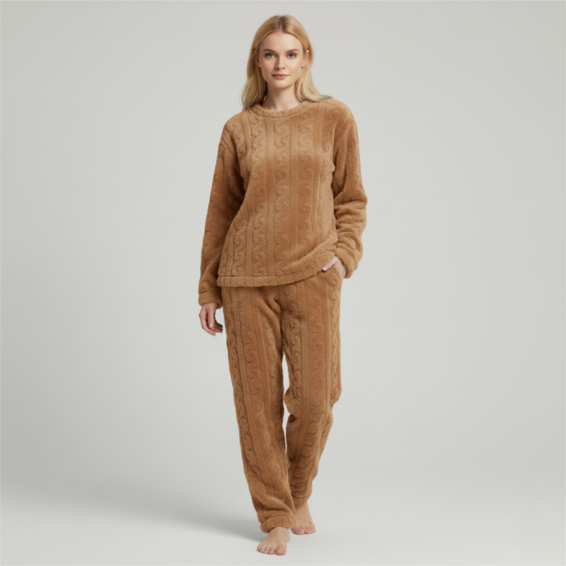 Female model in a brown plush two-piece loungewear set featuring a cozy long-sleeve top and relaxed-fit pants.