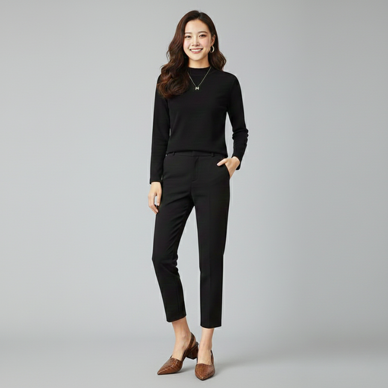 Woman wearing brown woven leather slingback heels paired with a black outfit in a clean studio setting.