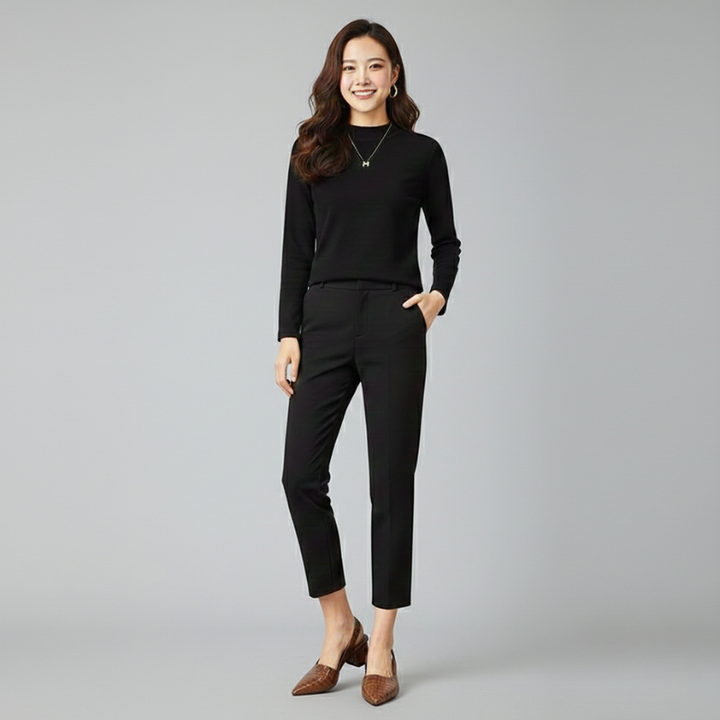 Woman wearing brown woven leather slingback heels paired with a black outfit in a clean studio setting.
