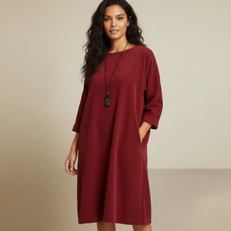 Woman wearing a burgundy long-sleeve dress in warm indoor lighting for a cozy casual outfit.