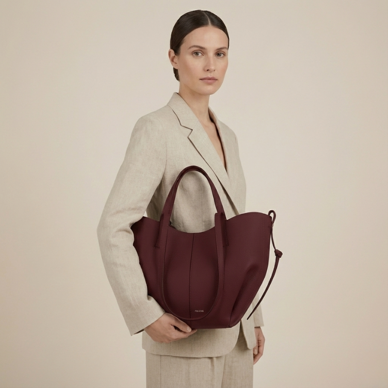 Woman holding a burgundy leather tote bag while wearing a neutral blazer in a studio setting.