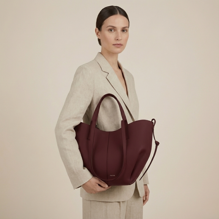 Woman holding a burgundy leather tote bag while wearing a neutral blazer in a studio setting.
