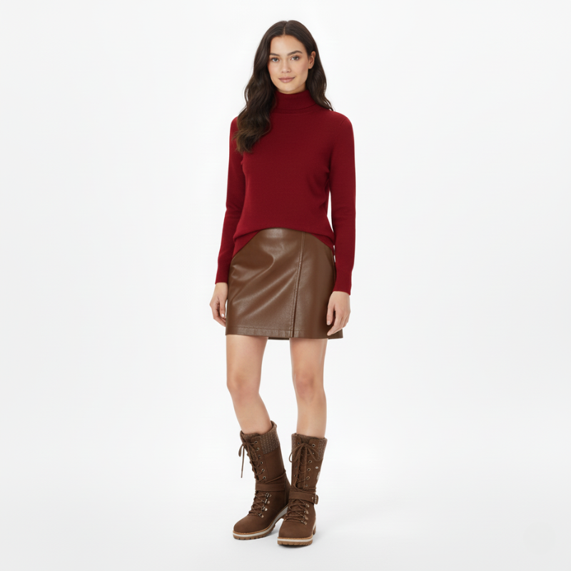 Female model standing in a burgundy leather skirt styled with a red sweater and winter boots.