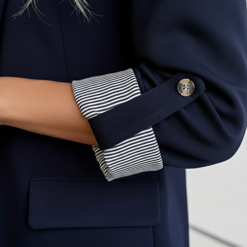 Navy blue coat with a striped fabric pocket and button detail.
