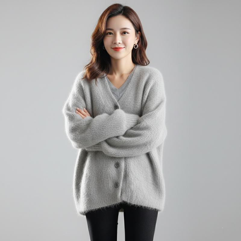 Female model in a casual gray knit cardigan with a loose silhouette and soft textured fabric.