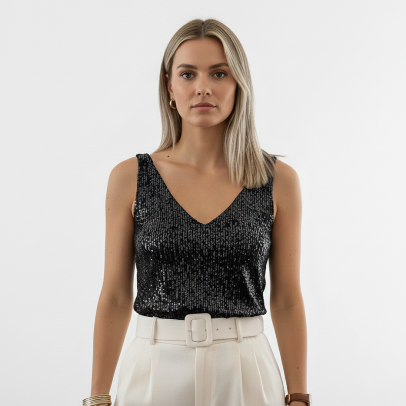 Woman standing in a champagne sequin top paired with white trousers in a clean studio setting.