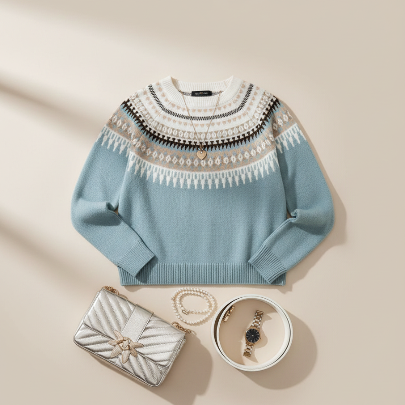 Woman sitting indoors wearing a blue Fair Isle sweater styled casually with cream pants.