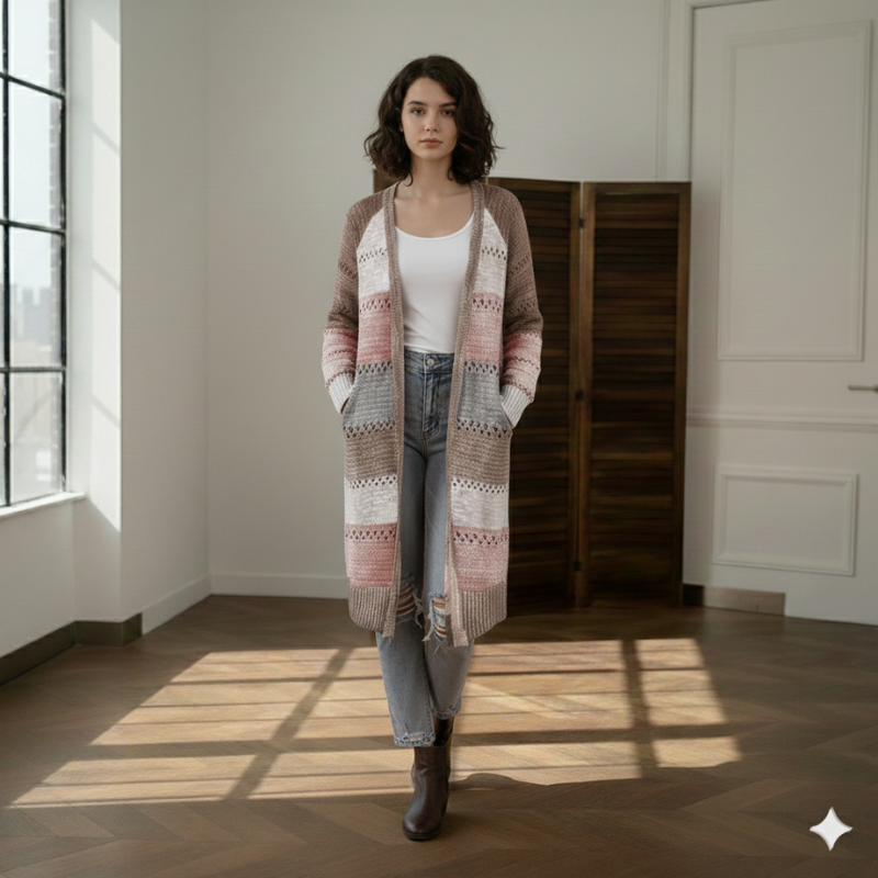 Woman in a warm indoor setting wearing a long cozy patchwork cardigan layered over casual basics.