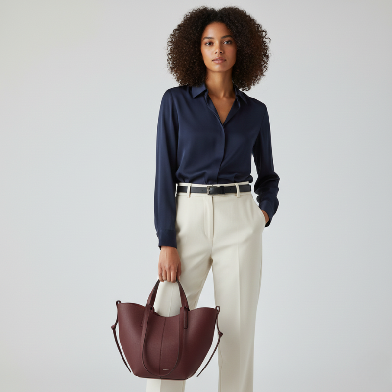 Female model wearing a casual outfit styled with a structured leather tote bag.