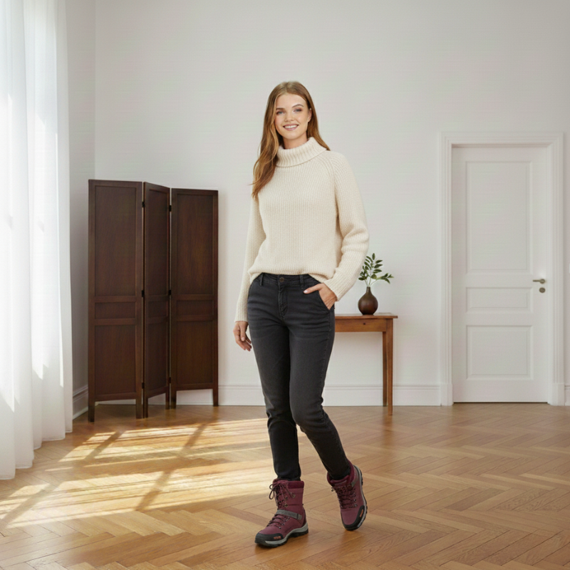 Woman standing indoors wearing a cozy sweater styled with a skirt and boots in natural light.