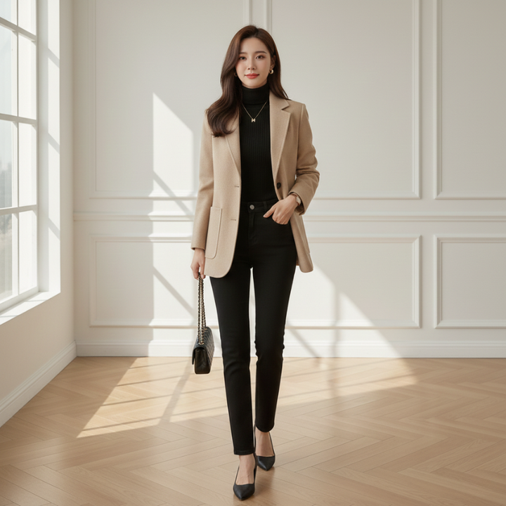 Women wearing beige blazer indoor style