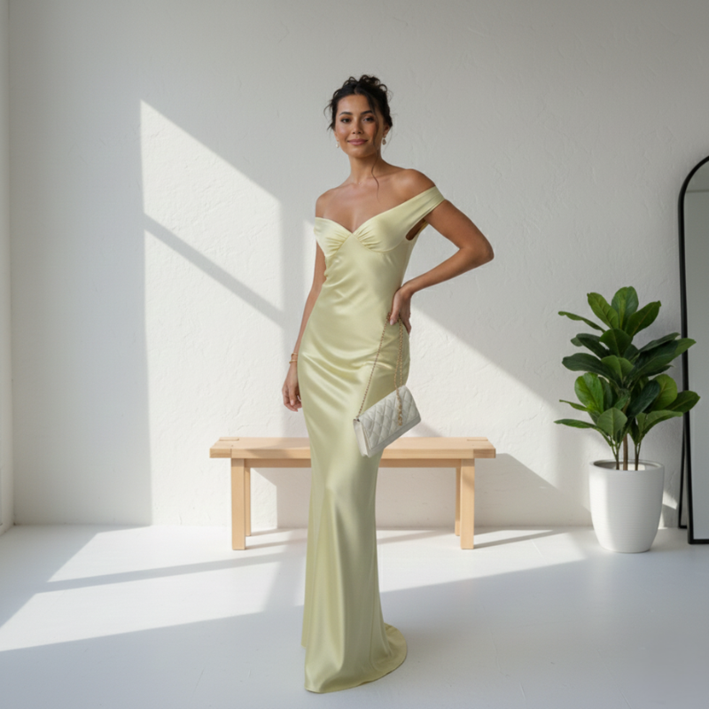 Woman in a light green evening gown standing in a bright room with a plant and bench.