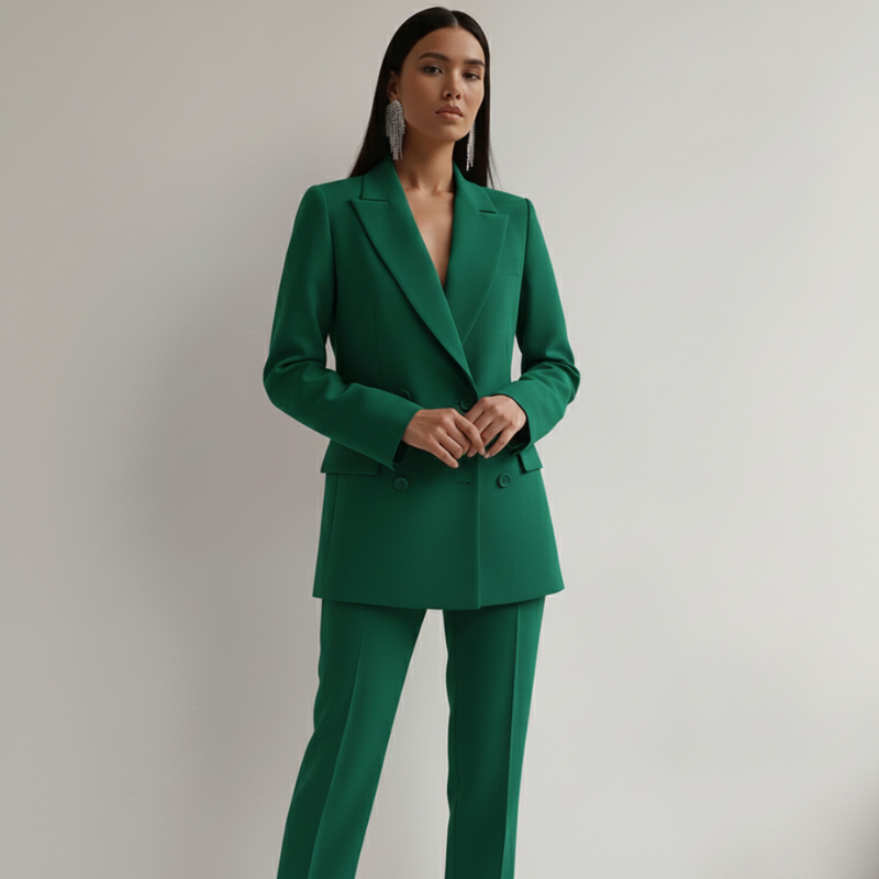 Green women’s pantsuit with a structured blazer and clean-cut trousers worn by a model in studio lighting.