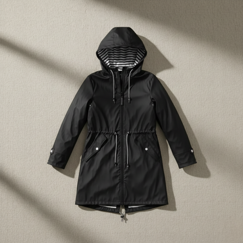 Black hooded winter coat displayed flat to show backside and design.