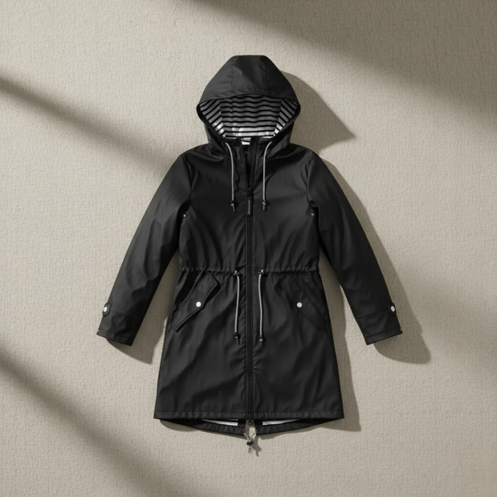 Black hooded winter coat displayed flat to show backside and design.