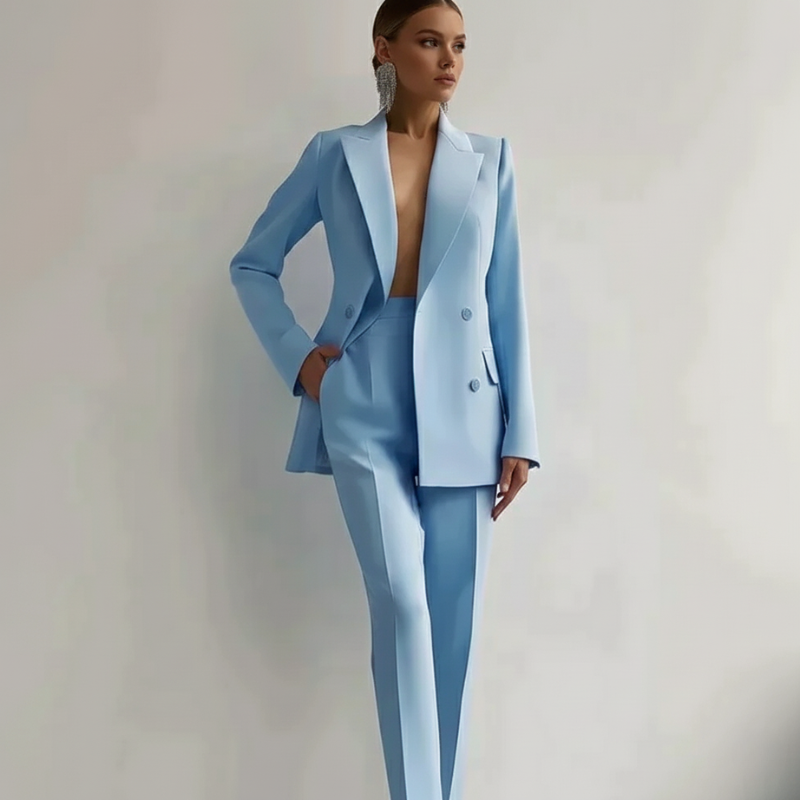 Full-body view of a light blue pantsuit featuring clean lines and an elegant, modern silhouette.