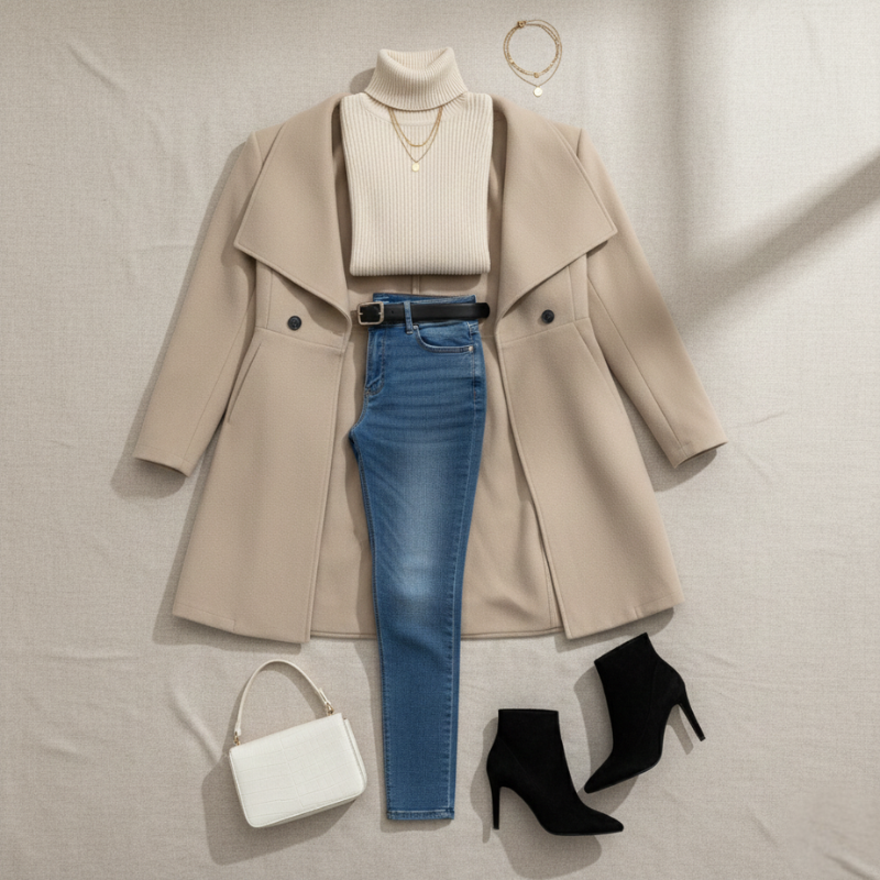 Beige coat, beige turtleneck, blue jeans, black boots, white handbag on a neutral background