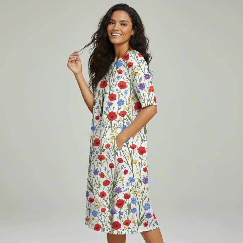 Woman wearing a multicolor floral dress with red, blue, and yellow prints styled in studio lighting.