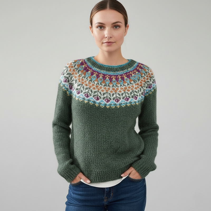 Close-up image of a woman wearing a green Nordic-style sweater featuring a multicolor knitted yoke.