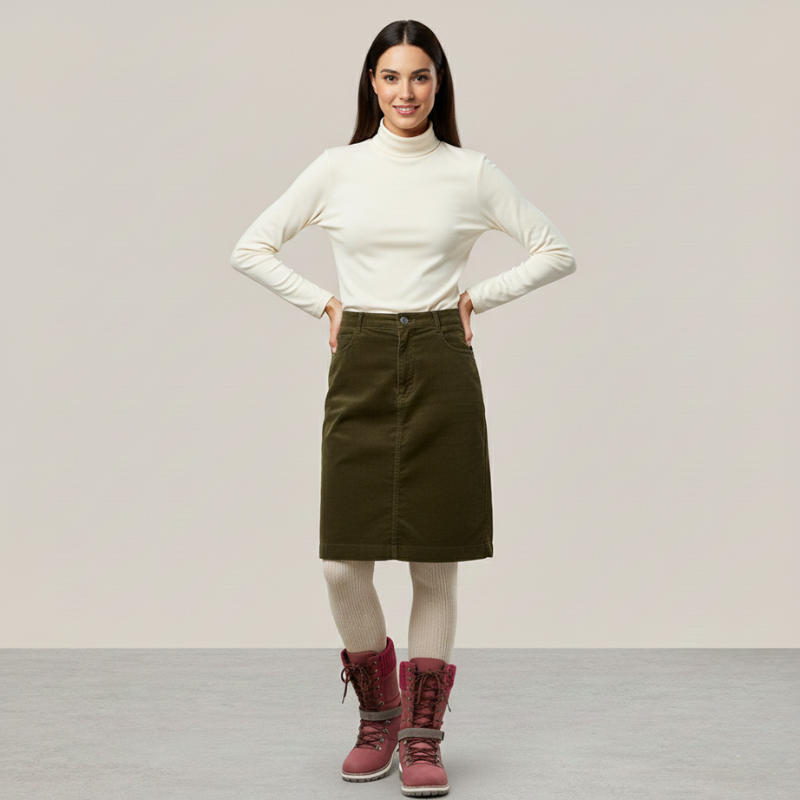 Woman wearing an olive green skirt paired with a light sweater and boots in a studio setting.