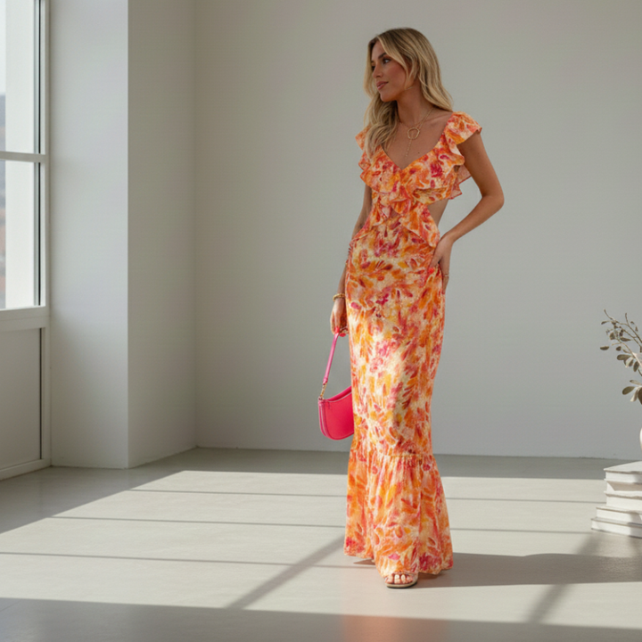 Model posing sideways in a bright studio while wearing an orange floral ruffle maxi dress.